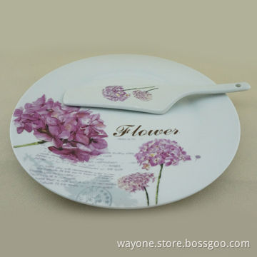 2pcs Cake Set with Pink Flower Design, Cake Plate and Shovel, Made of Porcelain